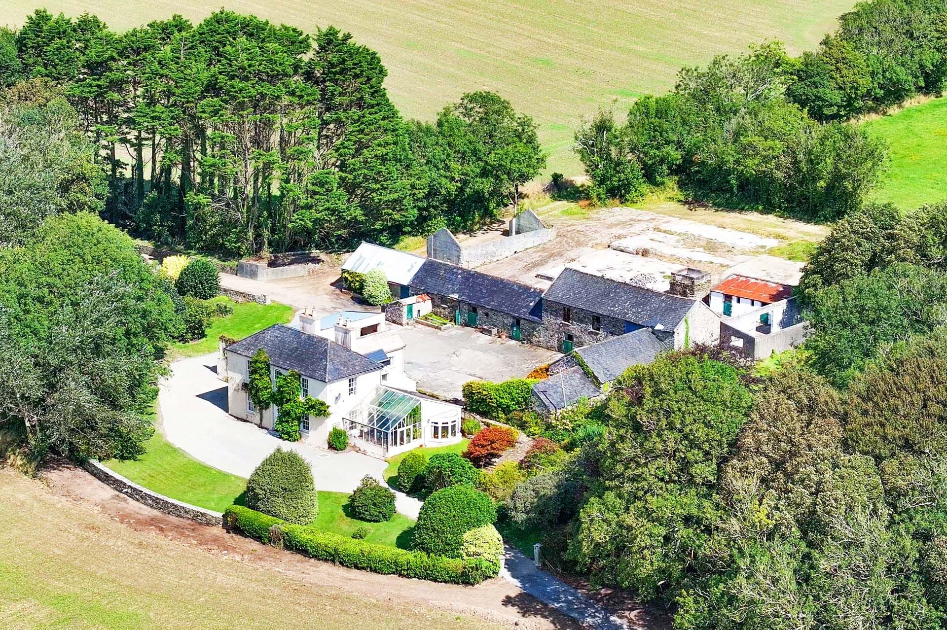 aerial view of seaview farm house and stables